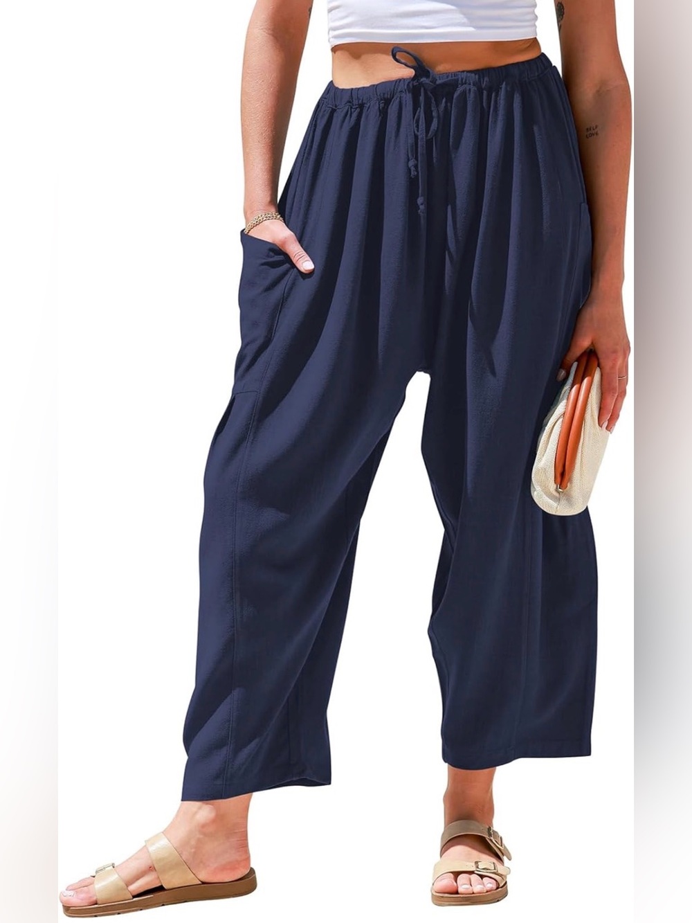 NWT Tarse Linen-Blend Navy Wide-Leg Elastic Waist Pants Side Pocket Women’s XL